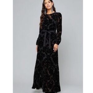 NWT Bebe Black Velvet Burnout Floral Long Puff Sleeves Ruffle Maxi Dress Size 4